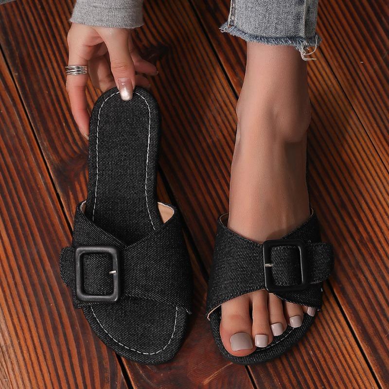 

Fashion Women s Fashion Slippers Summer New Round Head Metal Buckle Cloth Soft Sole Anti-slip Wear-resistant Flat Sandals 43 чёрный
