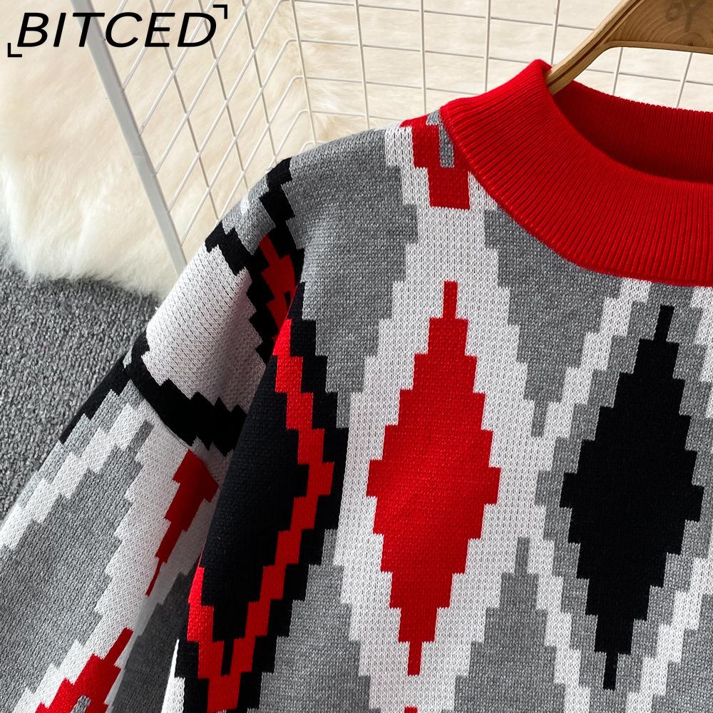 BITCED Conjunto de Moda para Mujer Otoño Invierno Suéter Holgado de Manga Larga a Cuadros Conjunto de Dos Piezas Pantalones de Punto Rectos de Pierna Ancha Adelgazantes de Cintura Alta