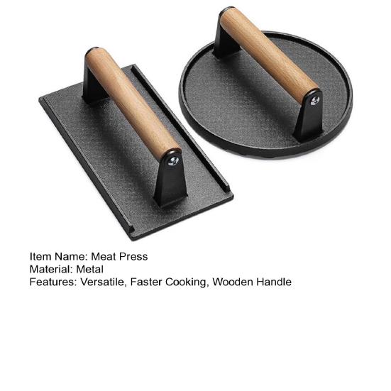 2Pcs Cast Iron Meat Press with Wood Handle Heavy-Duty Bacon Burger Smasher for Grill Griddle Skillet Rust-Proof Round Rectangular Professional BBQ