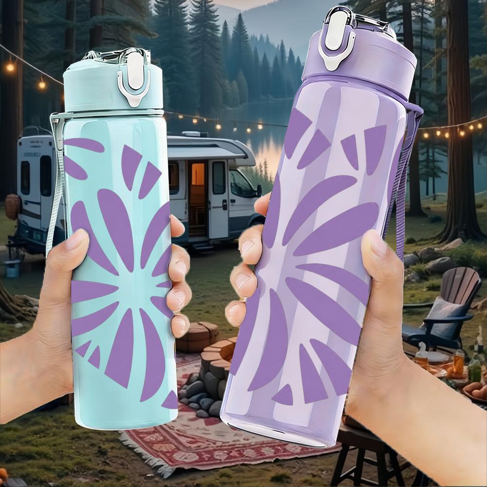 1PC Purple Floral Heart 750ml Color Plastic Sports Water Bottle Leakproof Flip Straw Lid Suitable for Sports Office Home Use