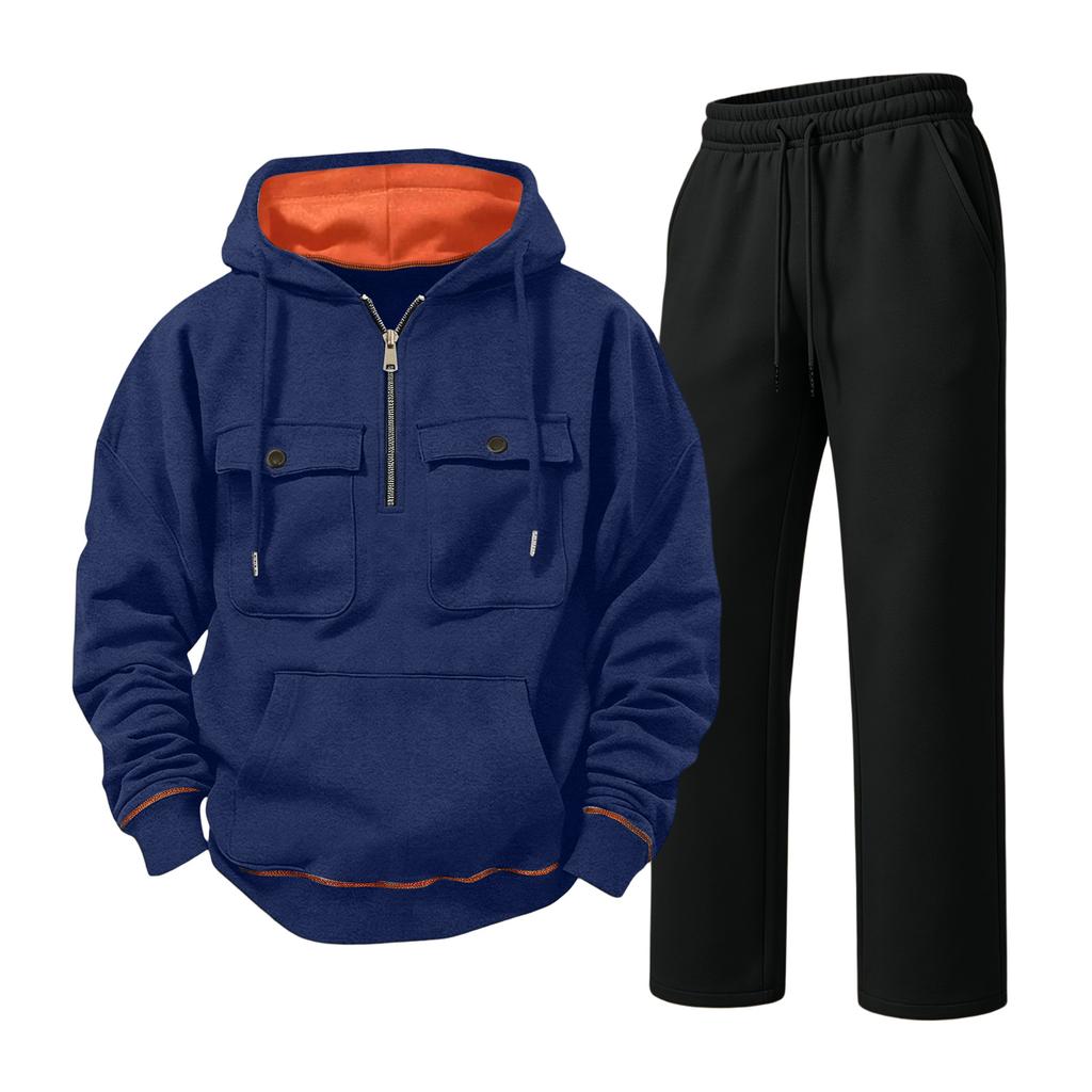 Men's Lined Hooded Sweatsuit Set with Straight Leg Black Pants, Casual Loose Fit for Fall Winter