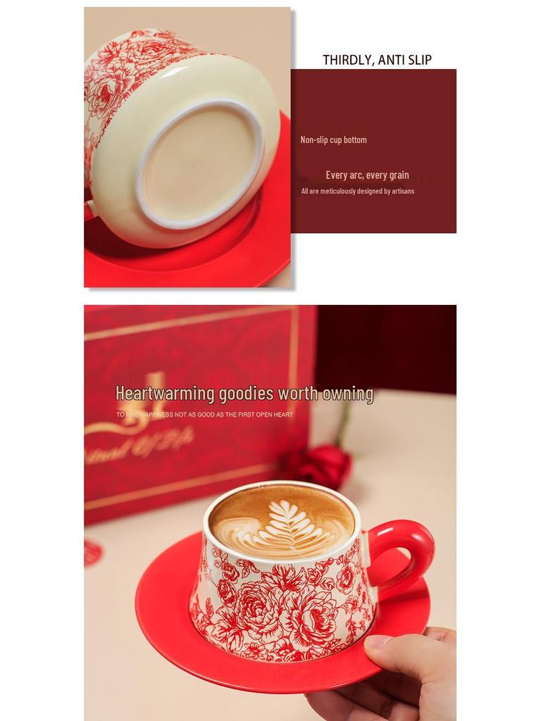 Rose Yan Yu Ceramic Coffee & Tea Cup Set with Saucer - High-End Gift Box Edition