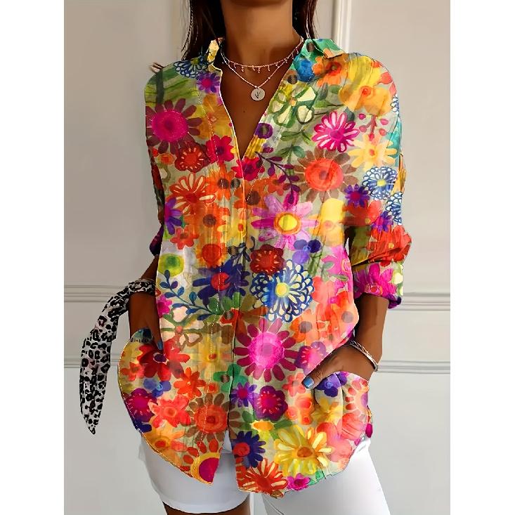 New women s floral print long-sleeve casual vacation loose-fitting shirt S красный