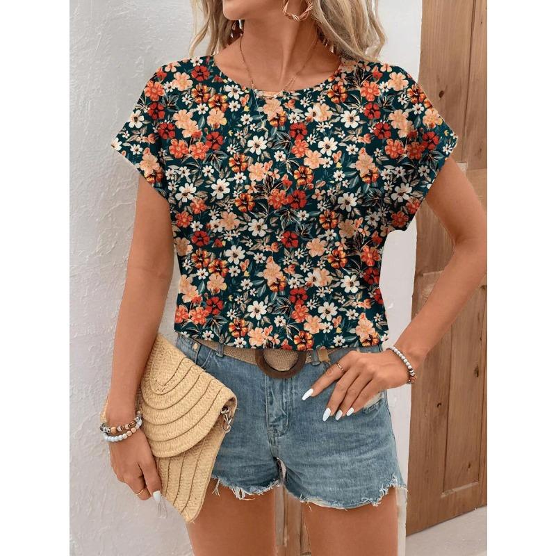 Mode Damen Rundhals T-Shirt Sommer Lässig Outdoor Kurzarm Oberteile Blumenmuster Stil Übergröße Locker Damenbekleidung