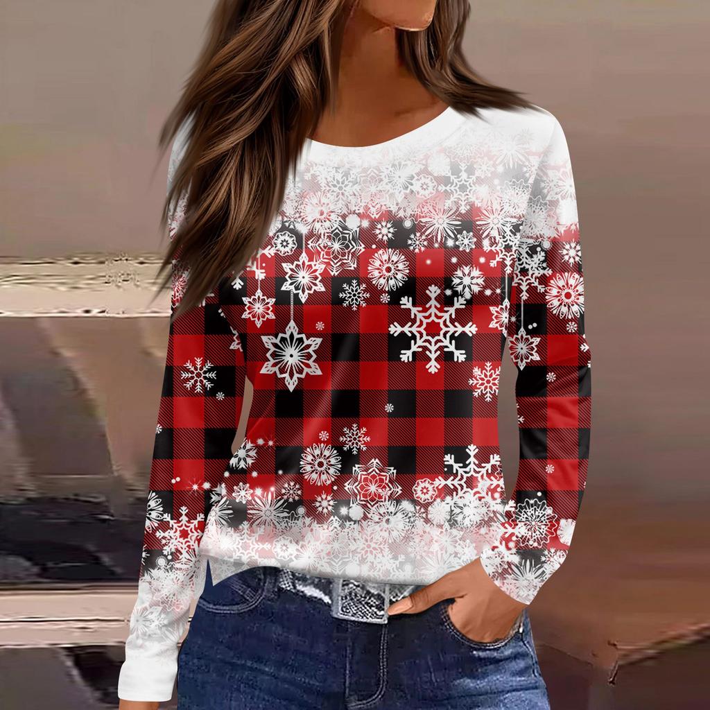 Women's Fashion Casual Slit Hem Round Neck Long Sleeve Loose  Printed T-Shirt Ladies Top