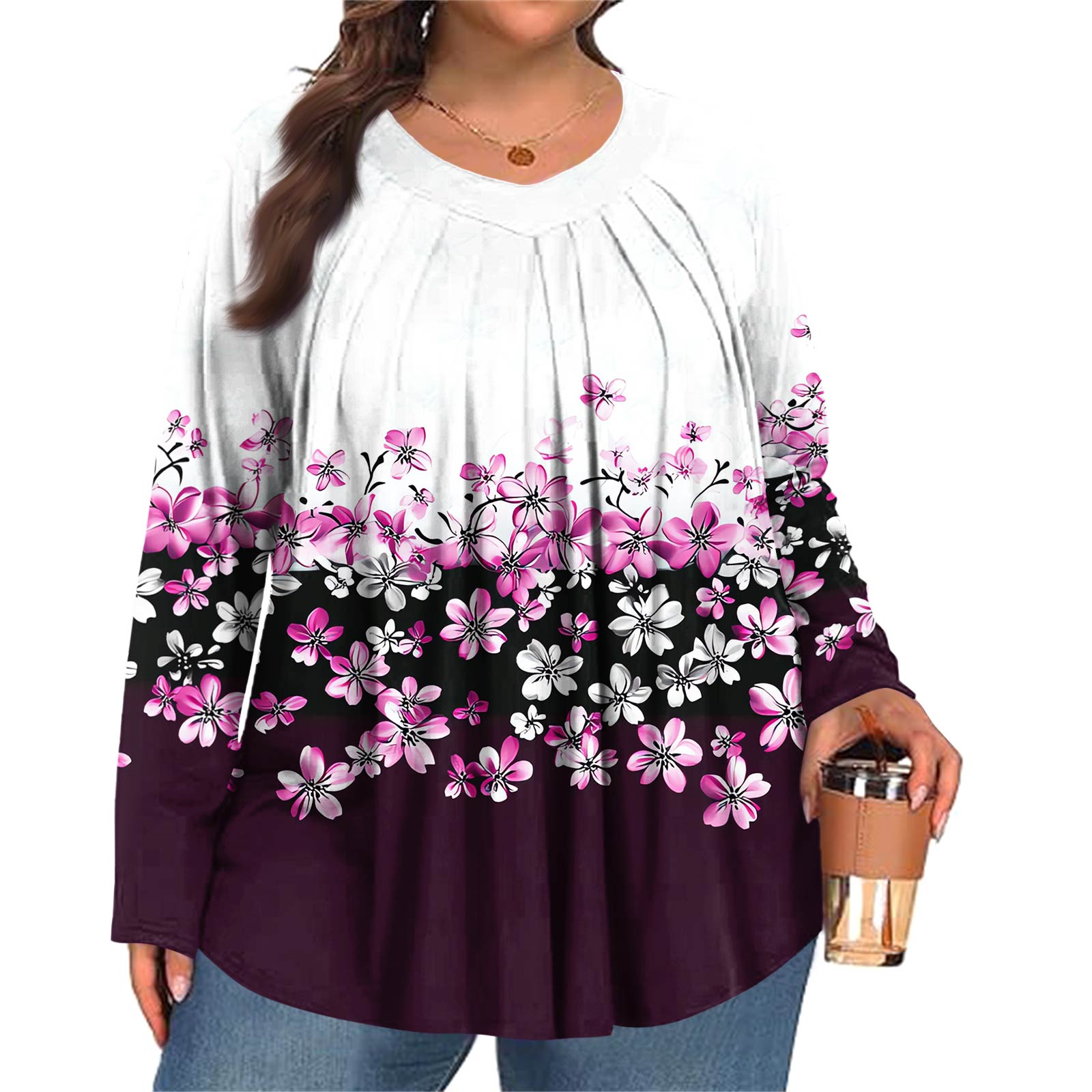 

Women s Plus Size Fashion Printed Casual Pleated Round Neck Long Sleeve Top XL