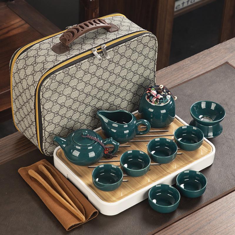 Travel ceramic Kung Fu tea set, tea tray, a full set of portable storage bags, practical business gifts for customers