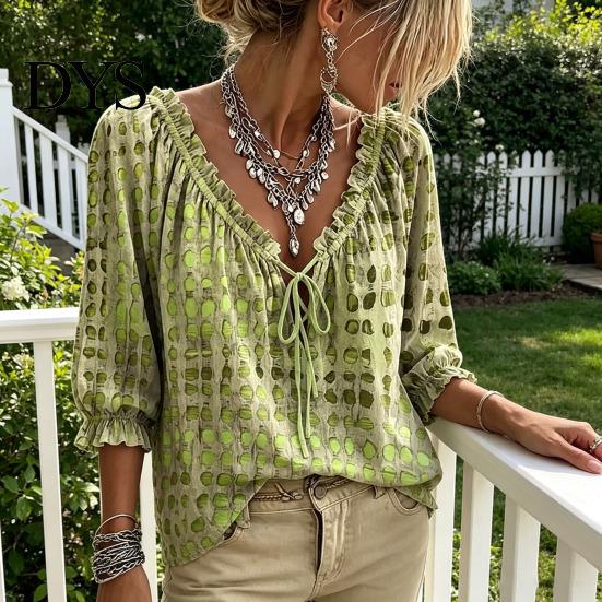 Dreiviertel Puffärmel Oberteil Damen Sommer Lässig Hemd, V-Ausschnitt Schnürung 3/4 Bluse, Kariert Boho Locker Bluse Druck Fließende Oberteile, Leicht Atmungsaktiv