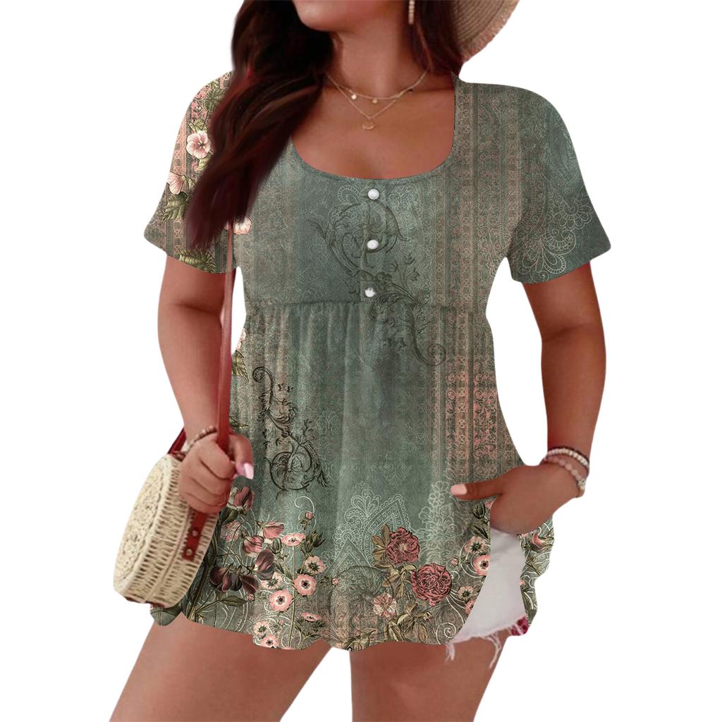 Women's Fashionable Casual Short Sleeve Loose Fit Button Front Printed Blouse