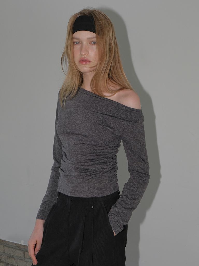 ETMON Oblique Neck Shirring T-Shirt, Charcoal