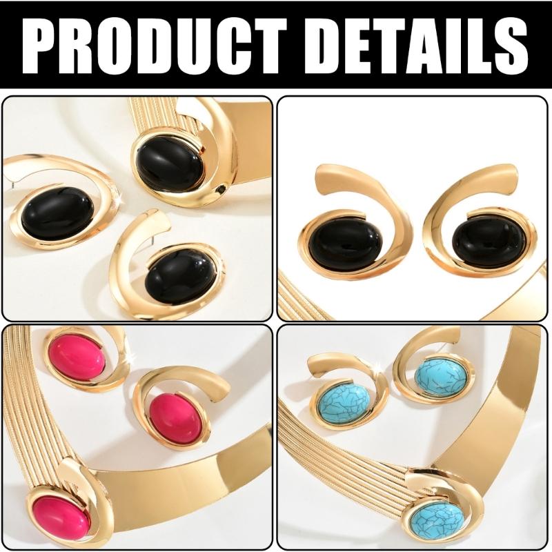 Versatile Geometric Jewelry with Oval Stone Gold Color Necklace Earrings Set Geometry Accessories For Stylish Women