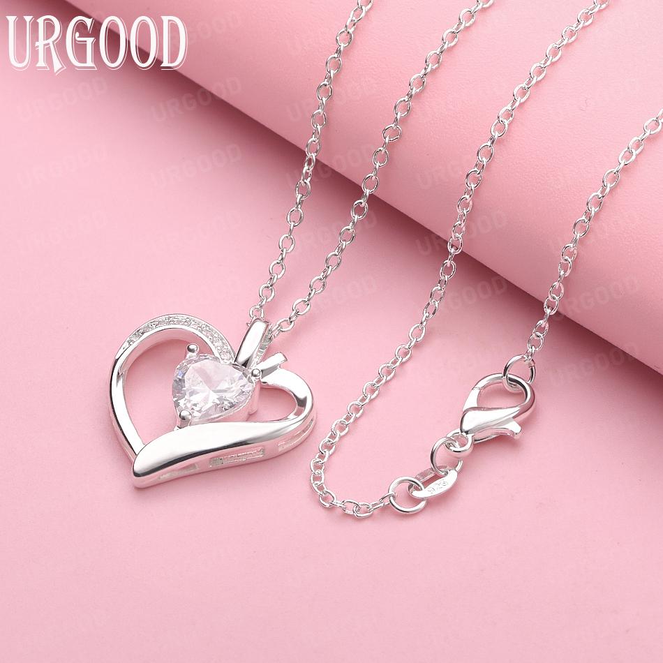 

925 Sterling Silver Heart AAA Zircon Pendant Fashion Necklace Wedding Jewelry 45cm