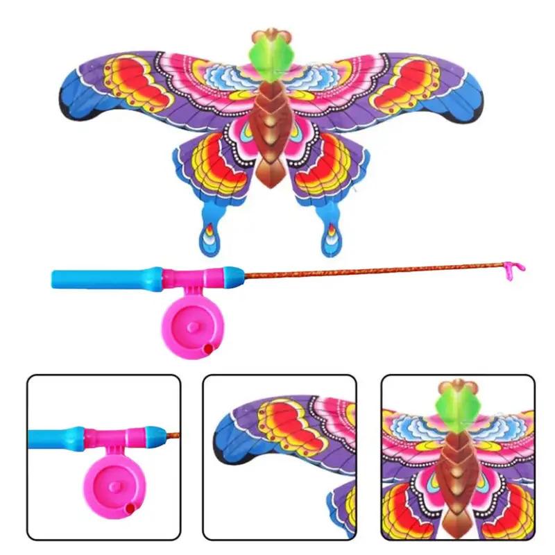 Children Kite Toy Cartoon Eagle Foldable Mini Plastic Toys Kite Hand Brake Fishing Rod  Butterflies For Kids Outdoor Toy For Fun