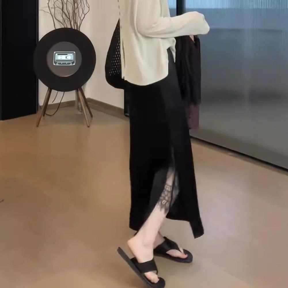 Women's Plus Size High Waist Black Midi Skirt with Lace Slit - Summer A-line Design