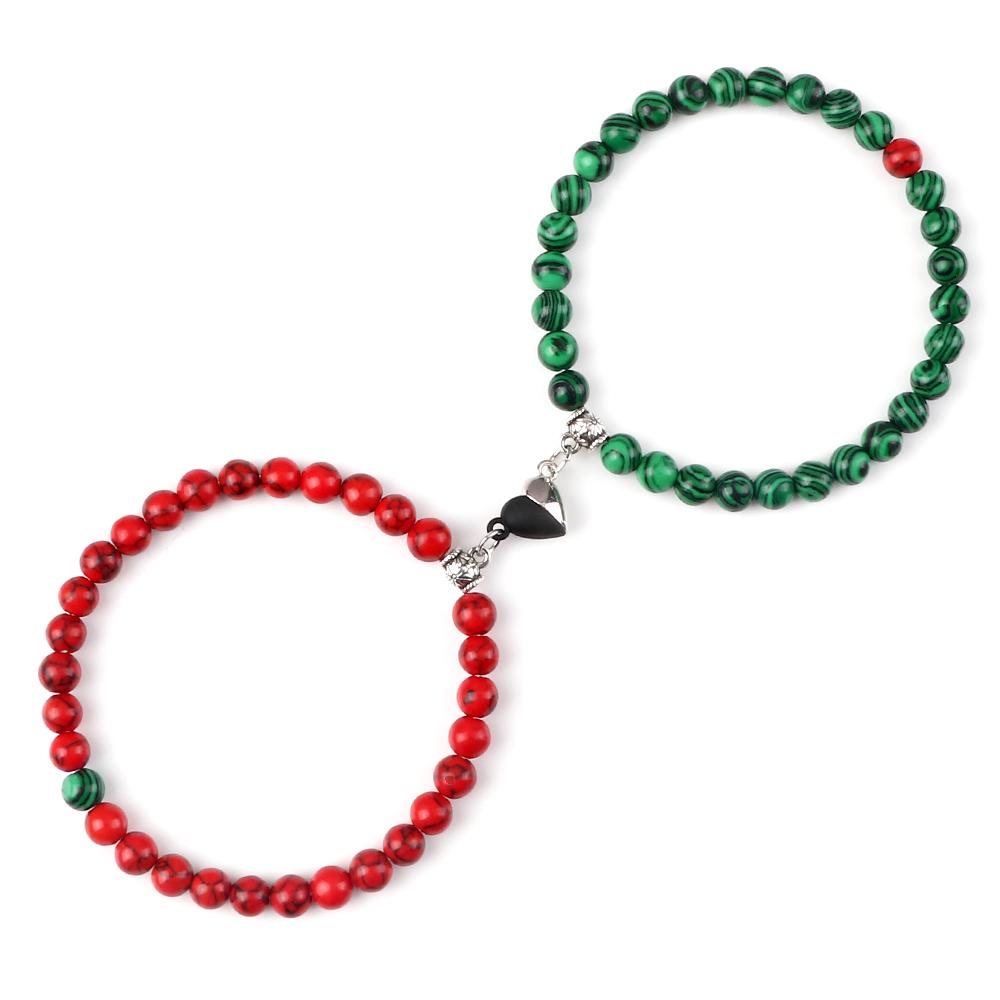 2Pcs/Set Couple Magnet Heart Shape Pendant Bracelets 6MM Malachite Tiger Eye Bangles Love Relationship Pulsera Jewelry Gift New