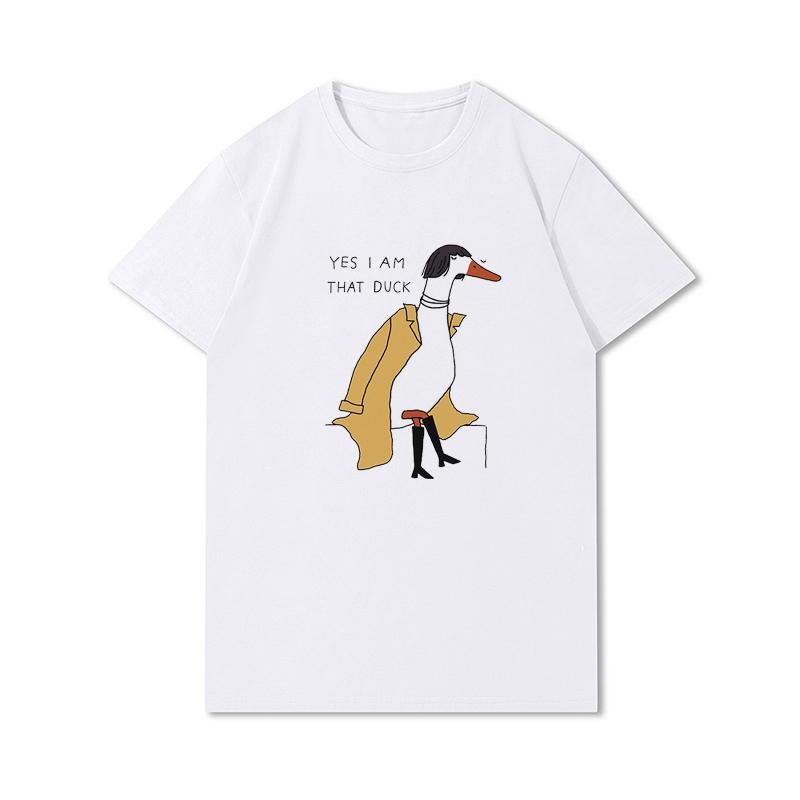 Letní trička větší velikosti pro ženy Whisling Duck Potištěné Neformální tričko s krátkým rukávem Topy 100% bavlna Oversize O Trička s výstřihem