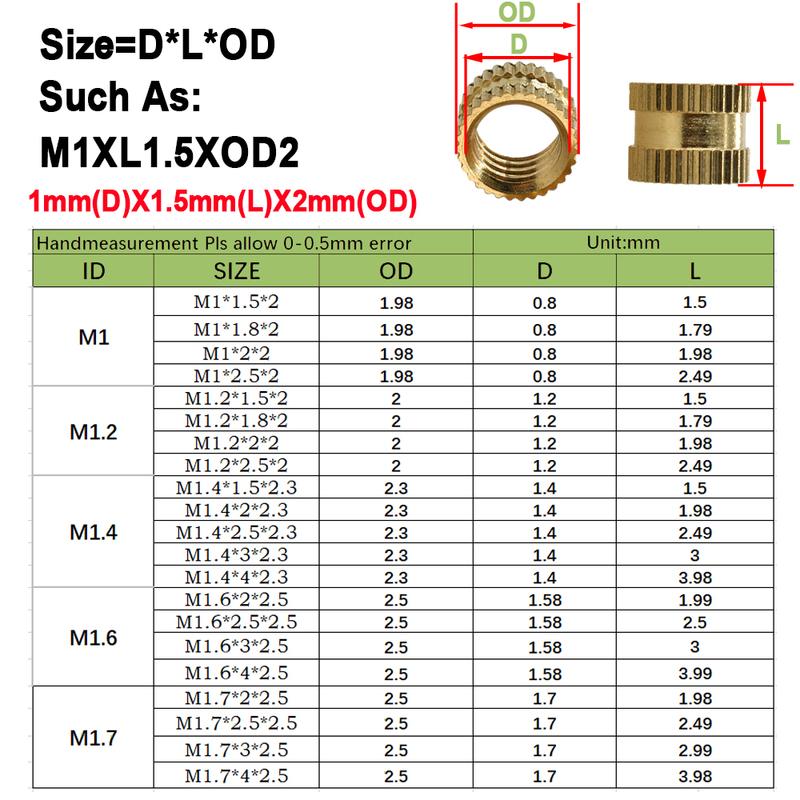 M1 M1.4 M1.6 M1.7 Brass Hot Melt Knurled Insert Nuts and Screw set Threaded Embedded Copper Nut Bolt kit for 3D Printer 500 pcs