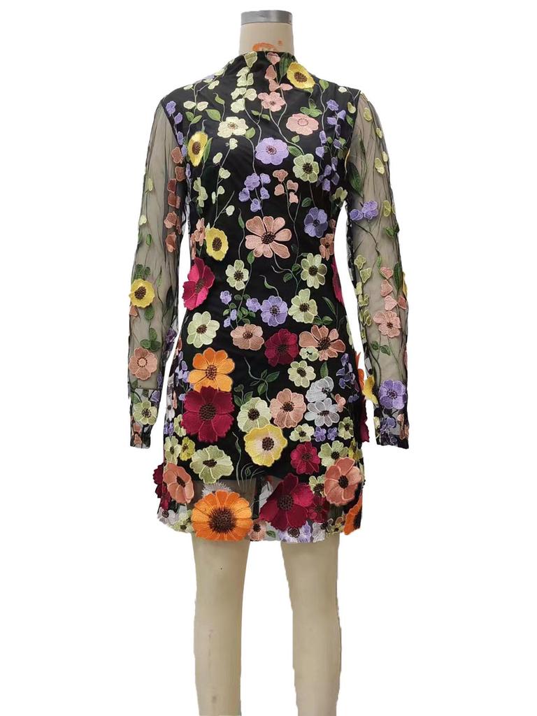 European and American 3D Floral Mesh Lace Embroidery Slimming Dress 2025