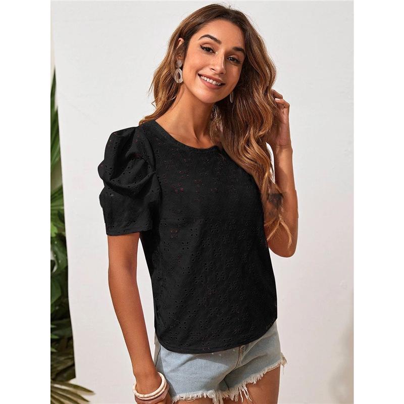 

2023 Women s Stacked Sleeve Ruched T-shirt - European & American Style Small чёрный