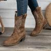 Women's Fall Winter V-Cut Embroidered Chunky Heel Riding Boots Retro Pointed Toe Western Cowboy Mid-Calf Boots.