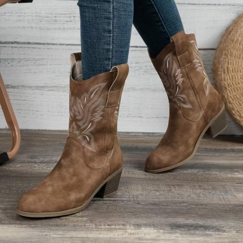 Women's Fall Winter V-Cut Embroidered Chunky Heel Riding Boots Retro Pointed Toe Western Cowboy Mid-Calf Boots.