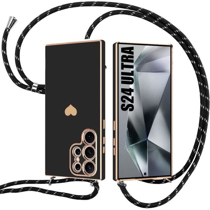 Coque Bandoulière pour Samsung Galaxy S24 Ultra, Souple Motif Cœur Silicone Noir