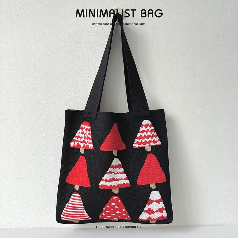 Creative Cartoon Christmas Tree Knitted Handbag Women Trend Large Capacity Student Bag Shoulder Bag
