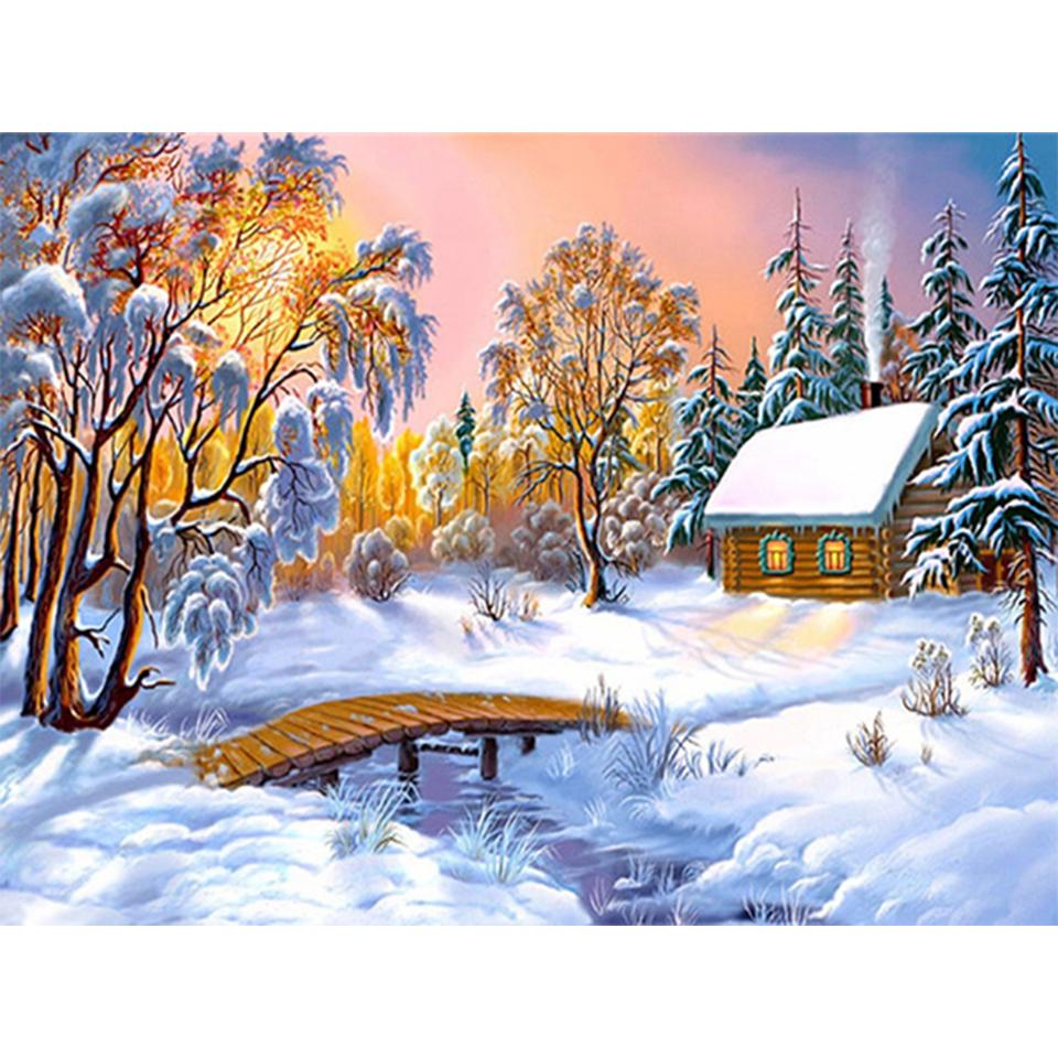 5D DIY Diamond Painting Landscape Winter House Full Round Rhinestone Embroidery Cross Stitch Kit Mosaic Picture Decoration Gift