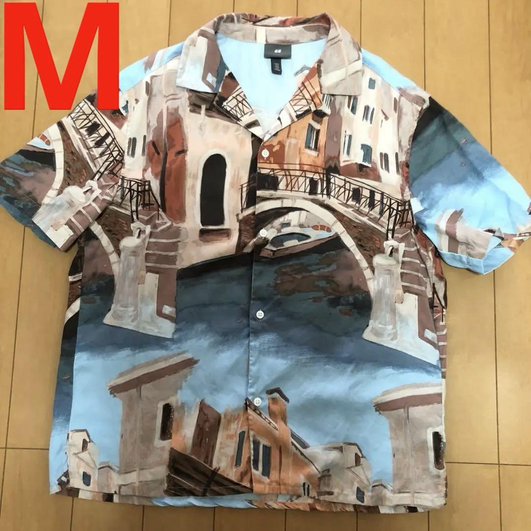 

[USED] H&M Italian Venice Print Open Collar Aloha Shirt, Men s, Size M, Blue, Free Shipping
