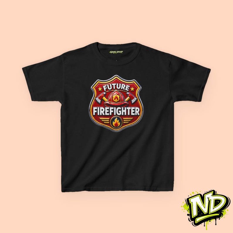 Future Fire Fighter Kids T-Shirt, Fireman gift, Metal Inspired, Hero Badge Series 140