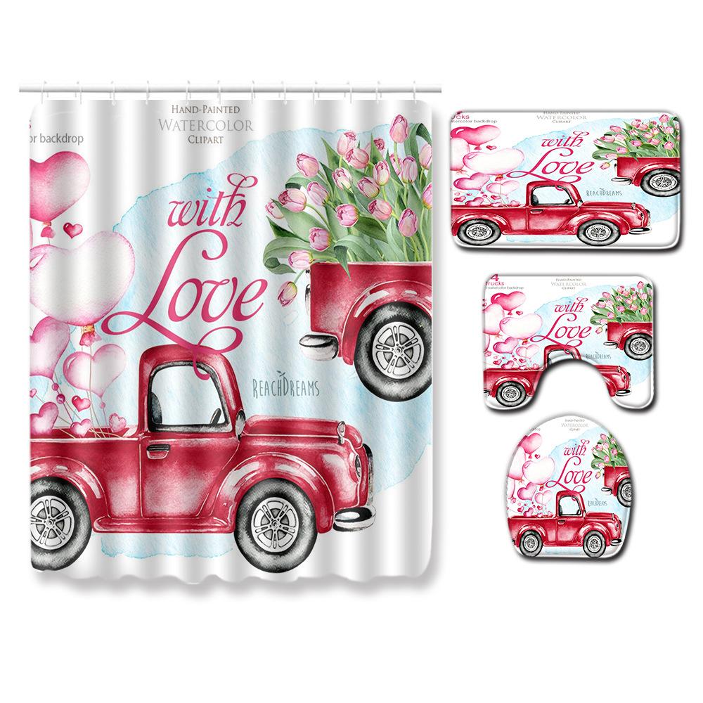 Valentine'S Day Toilet Shower Curtain Four-Piece Printed Floor Mat Set Bathroom Floor Mat Bedroom Absorbent Door Mat Carpet