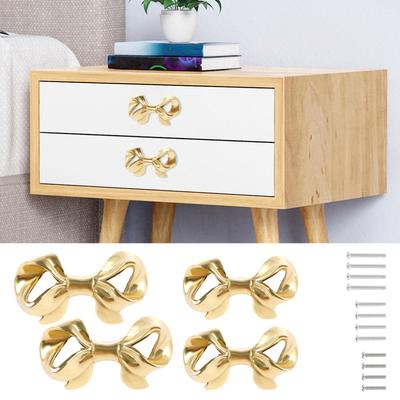 4Pcs Bow Knobs Brass Bow Shaped Drawer Knobs Decorative Gold Bow Pull Handles with Screws for Home Office Cabinet Closet