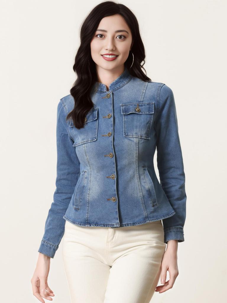 Allegra K Women's Classic Stand Collar Long Sleeve Denim Jacket with Chest Pocket, Blue, Size XL