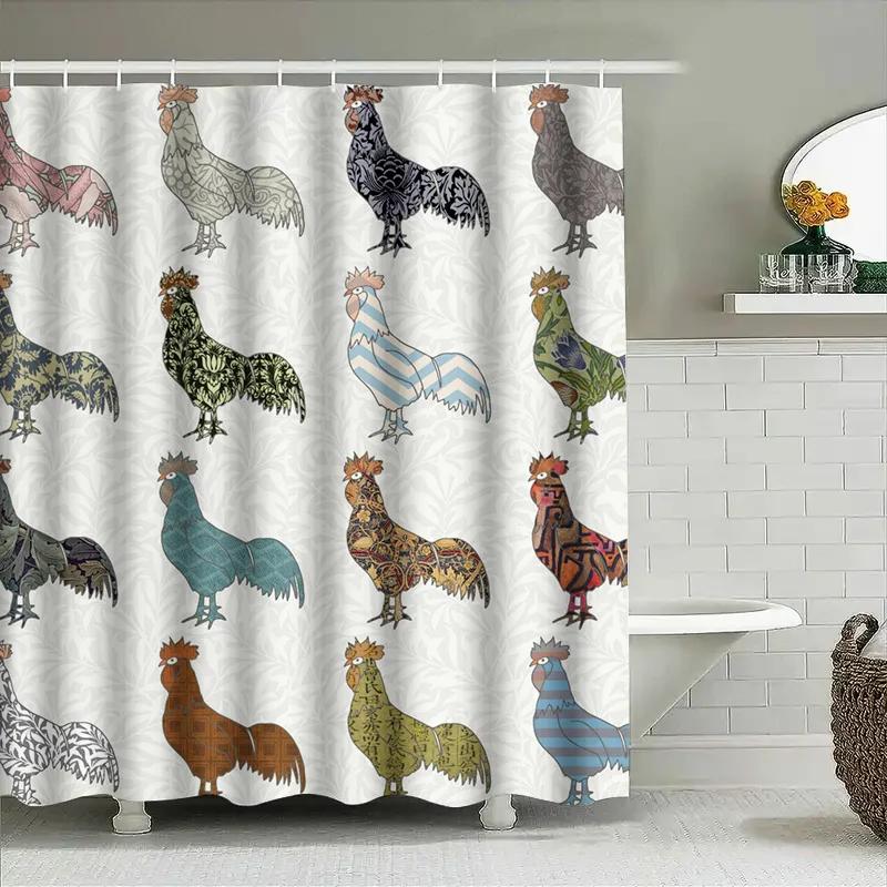 Rustic Farmhouse Decor: Handcrafted Rooster Pattern Shower Curtain For Bathroom Decoration – White Background With Blue, Green,