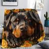 Rottweiler and Roses,pattern Flannel Blanket, High quality Comfortable for All Seasons, Home Decor, Warmth and Comfort, Perfect for Gifts.