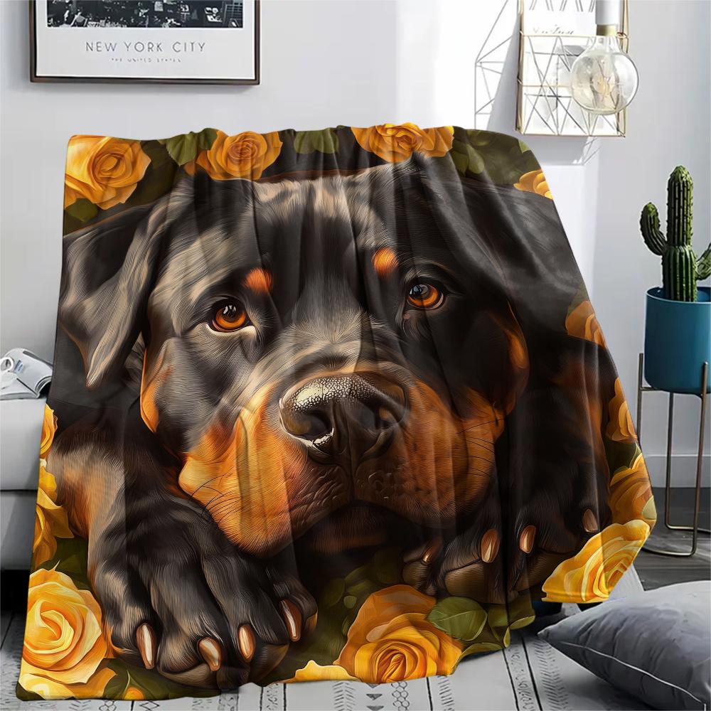 Rottweiler and Roses,pattern Flannel Blanket, High quality Comfortable for All Seasons, Home Decor, Warmth and Comfort, Perfect for Gifts.