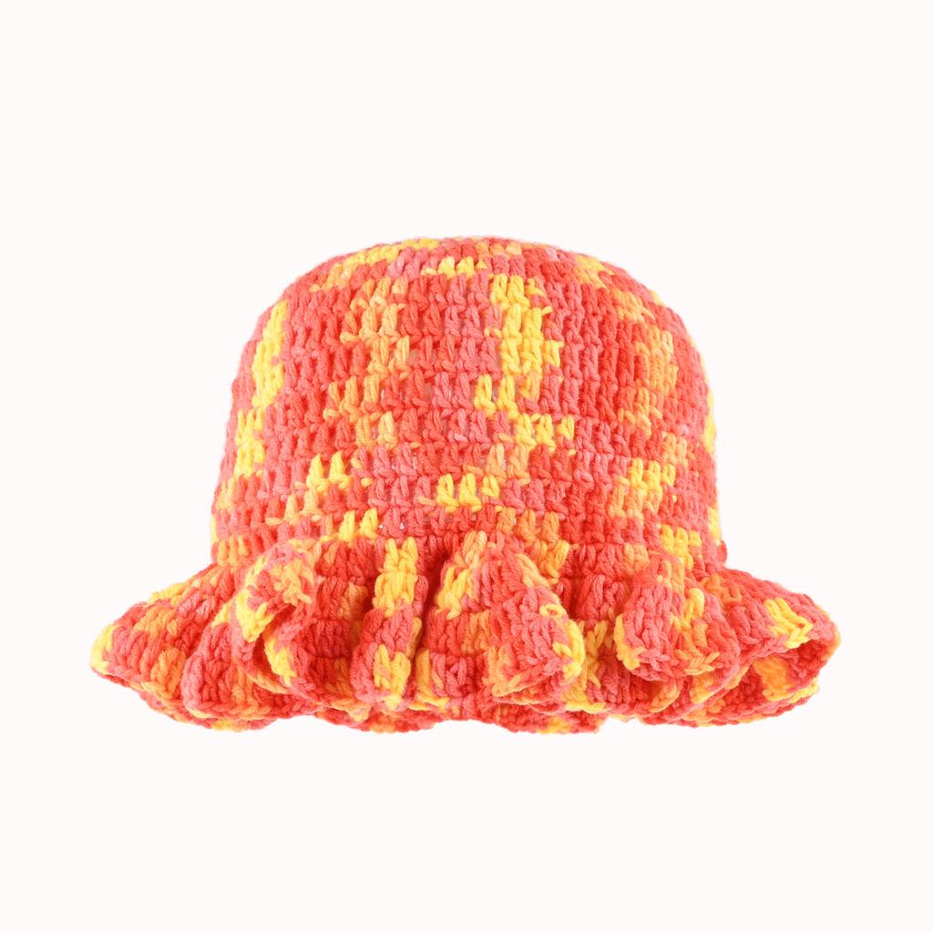 Dopamine Rainbow Color Matching Pleated Lotus Leaf Lace Knitted Bucket Hat Women'S Autumn And Winter Handmade Crochet Wool Hat