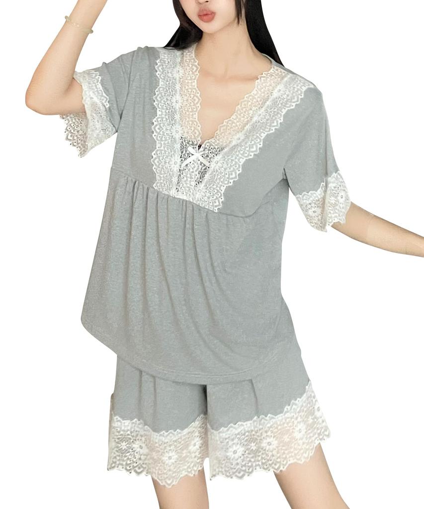 PHOLEEY Short Sleeve Pajama Top and Soft Ice Cute and Lace Homewear with Chest Pads Women's Set, Shorts, Silk, Sexy, Edge,