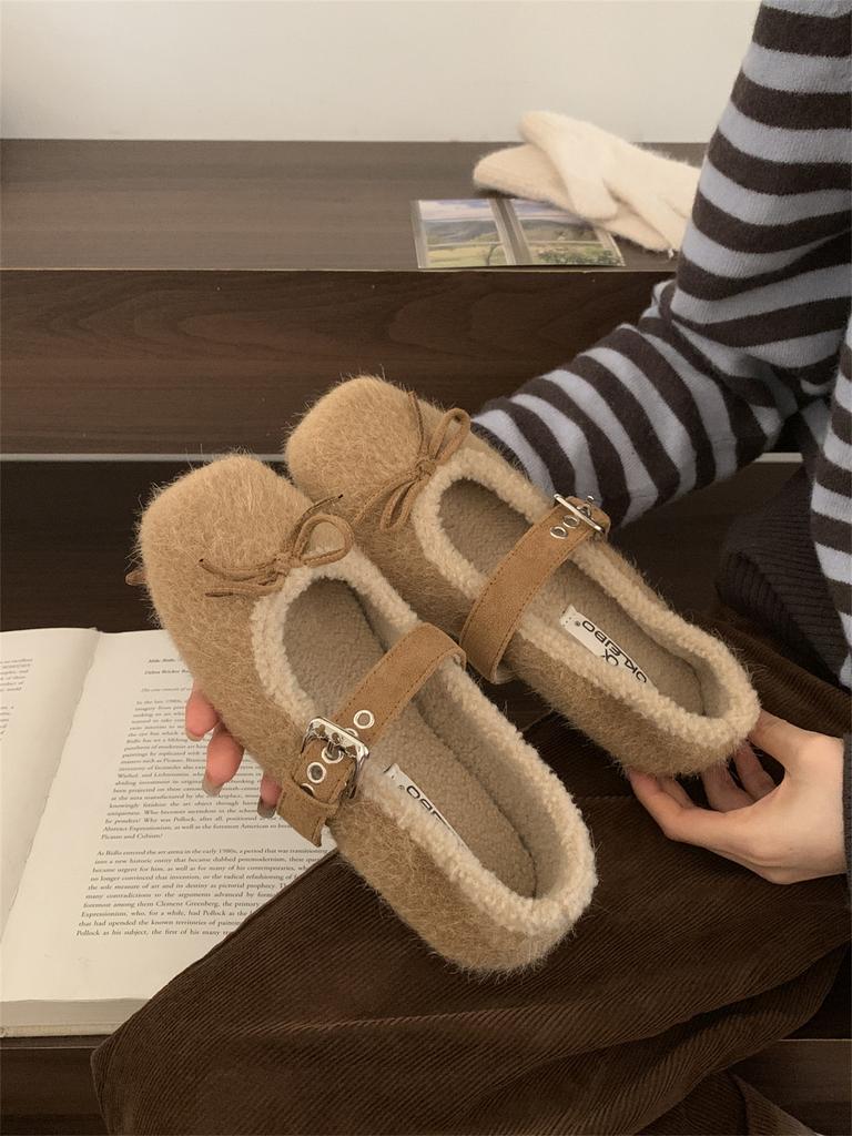 French Bow Huge Good-looking Super Fire Fluffy Winter Shoes Mary Jane Single Shoes Fluffy Shoes Women Wear Velvet
