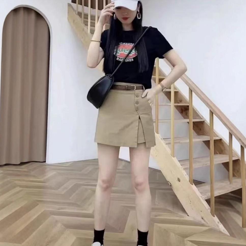 Khaki Women's Summer Workwear Skort - European Style, Slimming, Versatile, Elastic High-Waist, Mid-Calf Split.