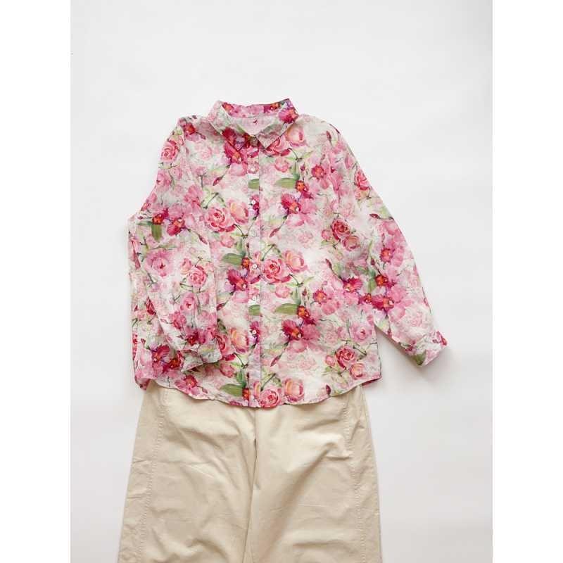 Watercolor Printed Shirt Versatile Thin Linen Floral Blouse French Versatile Women's Top