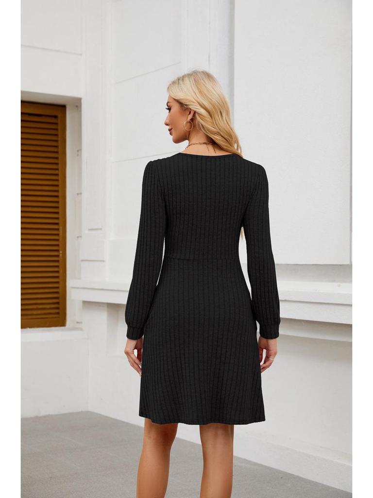 2025 Women's Square Neck Pocket Knit Sweater Dress - Long Sleeve Casual Fashion