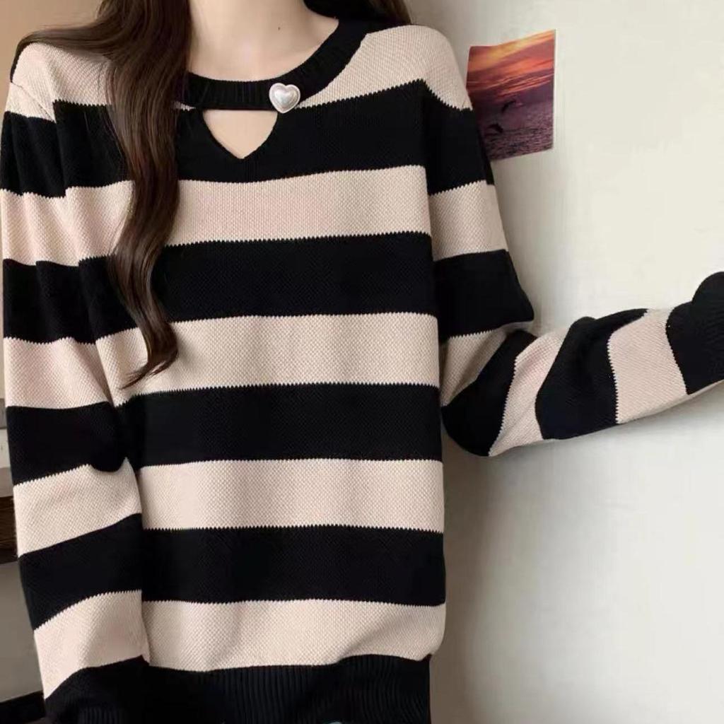 2026 Spring Elegant Striped Knitwear for Women - Plus Size Slimming Sweater Base Layer with Straight Shoulder Design