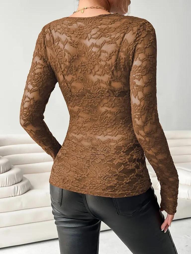 Cross-Border Women's European/American Lace Top - Sexy, Solid Color, See-Through Mesh, Long-Sleeved for Hot Girls.