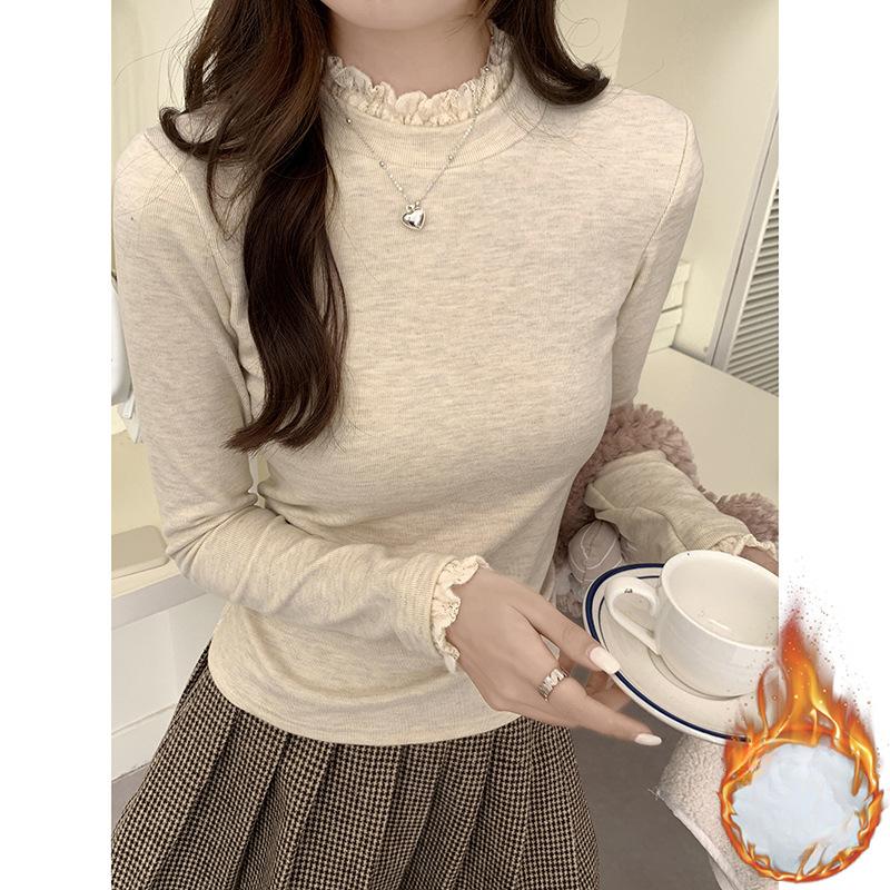 

Autumn and Winter Lace Half-high Neck German Velvet Base Shirt for Women s Fashionable Inner Wear New Plush Long-sleeved T-shirt Top XL