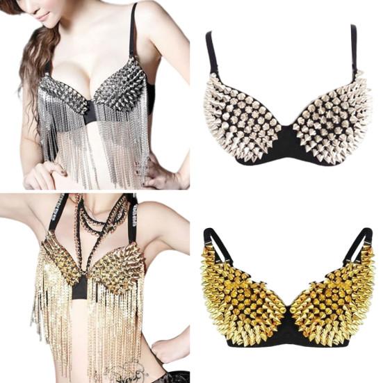 Kadın Performans Sütyeni Perçin Dekor Uzun Püskül Spagetti Askı Gece Kulübü Partisi Direk Dansı Stripper Sahne Gösterisi Kokteyl Parti Sütyeni