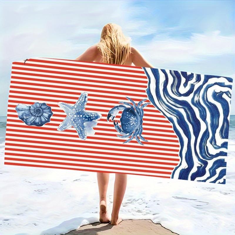 Nautical Red Stripe Fish Beach Towel - Super Absorbent Quick Dry Microfiber, Vintage Marine Pattern Blanket for Picnic & Outdoor