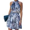 Women's Fashion Sleeveless  Neck Tie Waist Floral Print Chiffon Dress