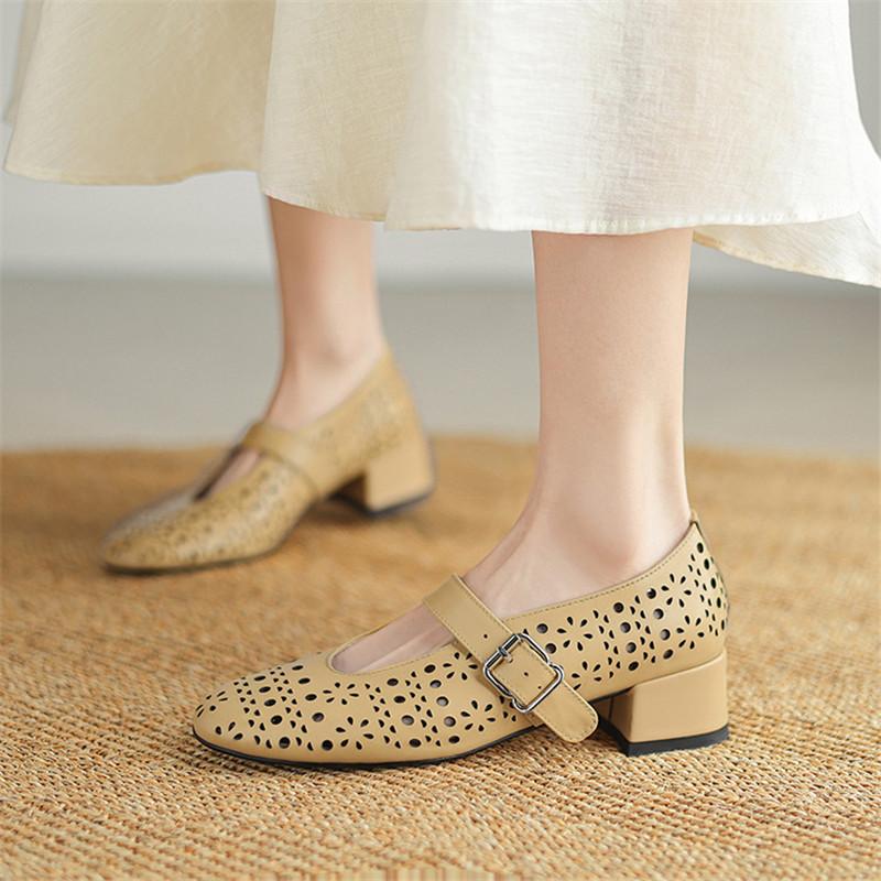 Fashion New Spring/autumn Genuine Leather Women Shoes Round Toe Shoes for Women Fashion Hollow Out Mary Jane Shoes Mid Heels Women Pumps