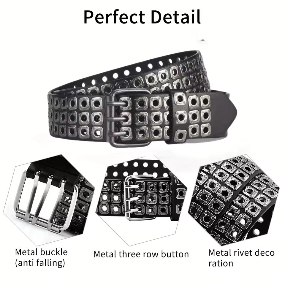 Women Belt  Fashion Square Beads, Willow Nails, Three Exhaust Eyes, Punk Street Cool, Personalized Men's and Women's Belts